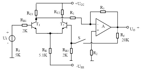如图10所示电路中，开关s可以任意闭合、断开，集成运放是理想的，设t1t2工作在放大区，rc1=rc