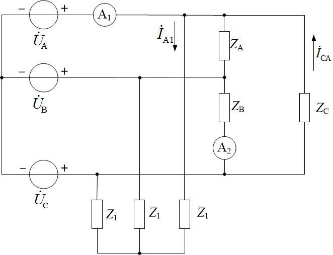 三相电路如图所示，对称三相线电压U1=380V。接有两组三相负载，一组为星接对称负载，每相阻抗为Z1