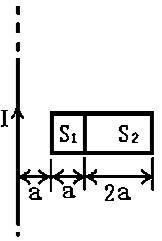 在无限长载流直导线右侧，有面积分别为s1和s2的两个矩形回路，两回路与载流长直导线共面，且矩形回路的