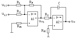 计算题：下图所示电路中，写出uo1、uo与ui1、ui2的关系表达式。 rf= 20kw，r1=20