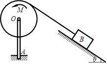 图示均质定滑轮o铰接在铅直无重的悬臂梁oa上，用绳与滑块b相接。已知轮半径为1m、重力大小为20kn