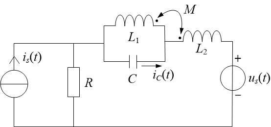 如图所示电路，C=0.5μF，L1=2H，L2=1H，M=0.5H，R=1000欧姆，电压源us(t