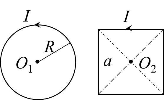 如图所示，载流圆线圈(半径为R)与正方形线圈(边长为a)通有相同电流 ,若两线圈中心与处的磁感应强度
