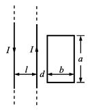 两根无限长的平行输电线，相距为 l，载有大小相等而方向相反的电流 I；旁边有一长为a 、宽为 b的矩