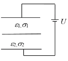 平板电容器内填充两层简单媒质，外加电压U，如下图所示，若介电常数,电导率,则在两种媒质的分界面上 （