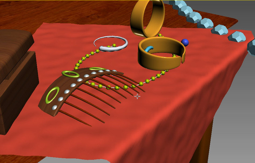 根据本章最后一节的综合案例内容，制作一个简单场景，须包括如下模型：桌布、耳坠、戒指、发卡、项链、蜡烛