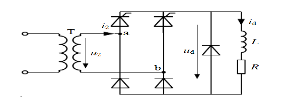 某一大电感负载采用单相半控桥式整流接有续流二极管的电路，负载电阻r=4ω，电源电 压u2=220v，