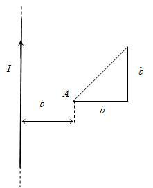 真空中，在通有电流为i 的长直导线旁，有一单匝等腰直角三角形导体线圈，线圈平面与长直导线共面，直角边