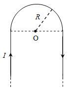 如图所示，真空中，无限长直导线弯成如图形状，其中半圆半径为，则当导线中通有稳恒电流 时，在圆心O处产