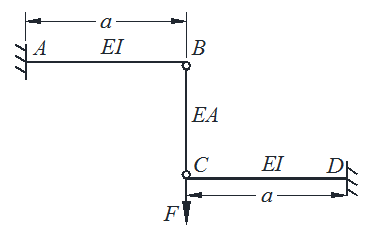 图示结构受竖直方向集中力F作用，则AB梁内的最大弯矩与CD梁内的最大弯矩之比（）。 