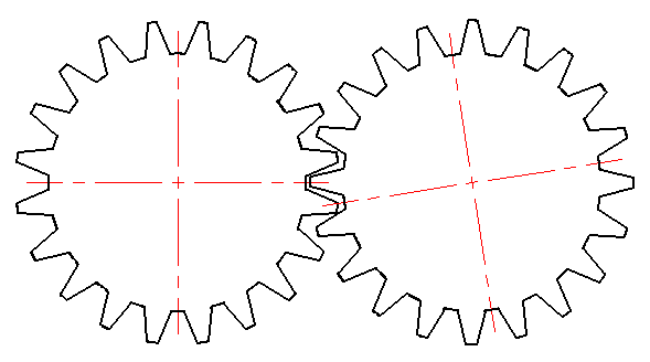 上方图示直线齿廓的齿轮传动时（两个齿轮完全相同），一对齿廓由开始接触到退出接触过程中，其瞬时传动比（