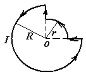 一导线弯折成如图所示环路，其中一部分是半径为R的3/4圆弧，另一部分是半径为r的1/4同心圆弧，两圆