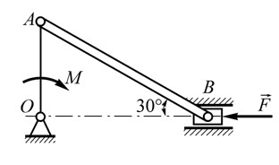 图示曲柄连杆机构，已知曲柄OA长L，重量不计，连杆AB长2L，重P，受矩为M的力偶和水平力Ｆ的作用，
