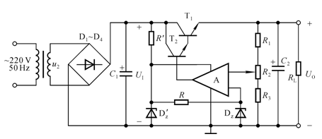 直流稳压电源如下图所示。 （1）说明电路的整流电路、滤波电路、调整管、基准电压电路、比较放大电路、采