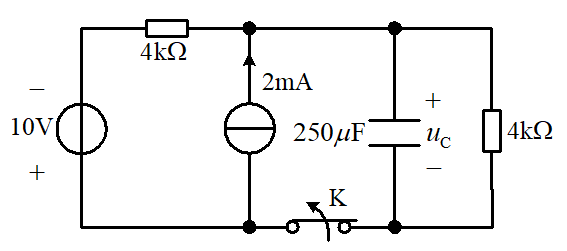 下图所示电路，已知开关打开前电路已达到稳态，t=0时开关打开，求电容电压 