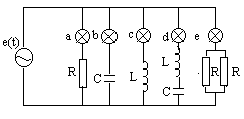 在图示电路中，电源电动势e(t)随时间变化，a、b、c 、d、e是五个电阻相同的灯泡，电路中    