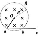 均匀磁场充满在截面半径为R的圆柱形体积内，磁感应强度方向垂直纸面向里。一根长为2R的导体细棒abc和