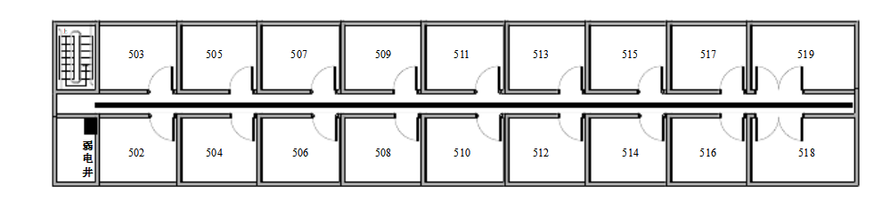 某建筑物10层，每层结构都一样，如下图所示（5楼），两边是房间，中间是走廊。楼的总长度59m，其中弱
