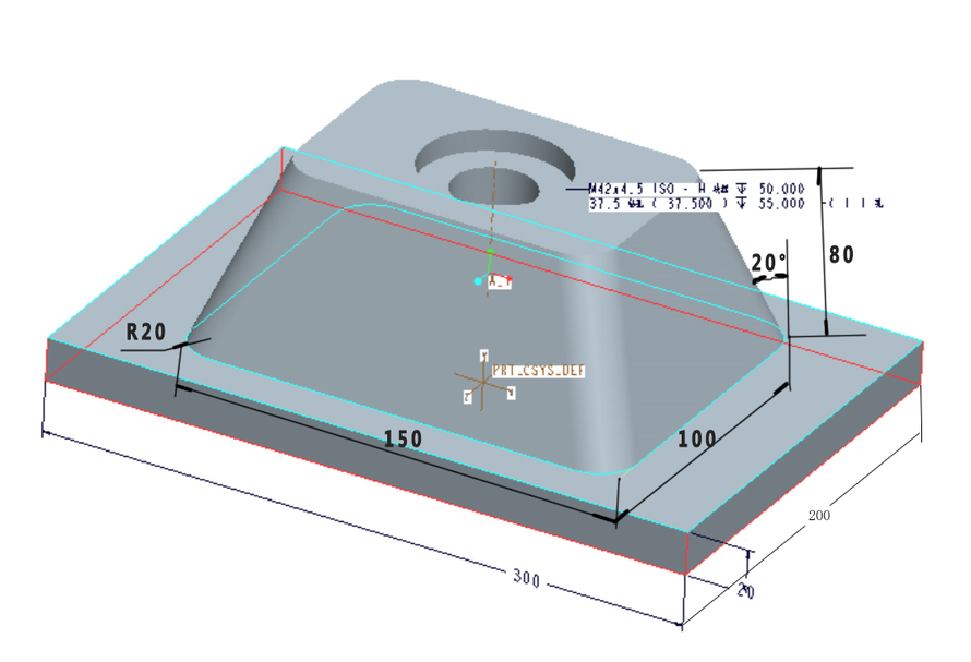 轮廓以及孔铣削 建立如图所示的四棱柱边长150×100mm，高80mm，拔模斜度为20°，圆角为r2