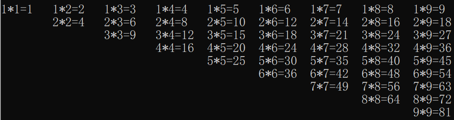 编程输出如下图的九九乘法口诀表：                                  