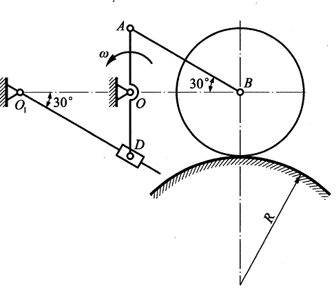 图示平面机构中，杆OAD以匀角速度ω绕轴O转动，轮B由连杆AB带动在固定轮上做纯滚动，同时通过套筒D