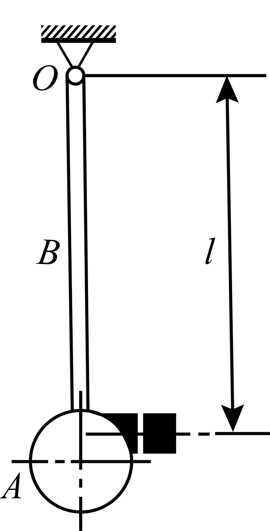 一撞击机的摆由钢铸圆盘A和圆杆B组成，如图所示。钢铸圆盘的半径为100mm，厚为50mm。圆杆B的半