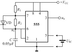 由555定时器所构成电路如下图(a)所示，设图中二极管VD具有理想特性，芯片5脚悬空。已知电路的工作