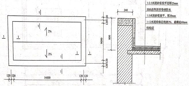 案例题 某工程sbs改性沥青卷材防水屋面平面、剖面图如图4-9-2所示，其自结构层由下向上的做法为：