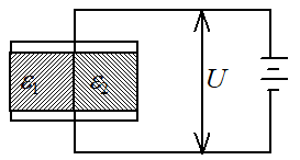 一平行板电容器与电源相连，电源端电压为U，电容器极板间距离为d．电容器中充满二块大小相同、介电常量（