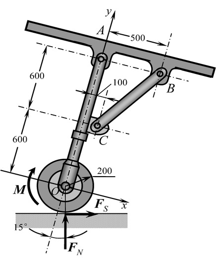 飞机起落架尺寸如图所示（单位mm)，a、b、c均为铰接，杆oa垂直于a、b连线。当飞机等速直线滑行时