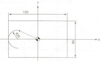 加工如图所示的矩形内侧，工件表面为z轴原点，安全高度为100，参考高度（z轴进刀点）2，加工深度为1
