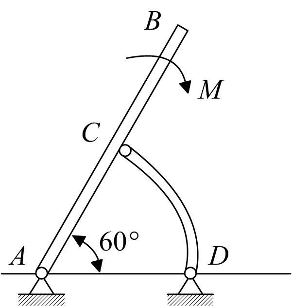 图示结构受到力偶距M作用，AB长为L，在其中点由曲杆CD支撑，     ，不计各杆自重，支座A的约束