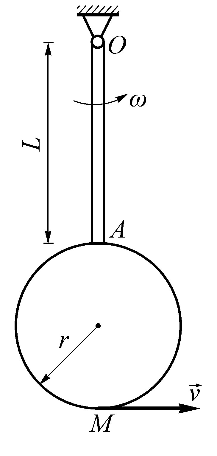 复摆由长为L的细杆OA和半径为r的圆盘固连而成，动点M沿盘的边缘以匀速率相对于盘作匀速圆周运动。在图