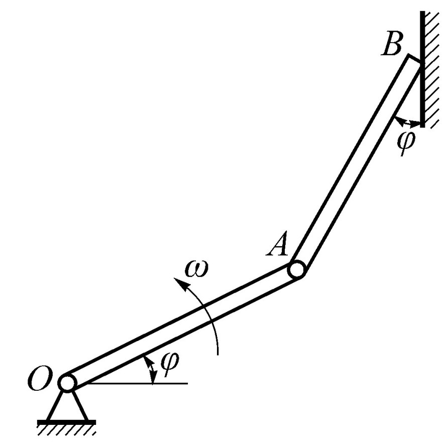 图示平面机构，OA杆绕O轴摆动时，可使杆AB的B端沿铅垂墙滑动。已知：OA=AB=20 cm，当j 