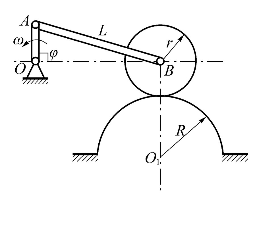 在图示机构中，已知：OA以匀角速度w =10 rad/s绕定轴O转动，OA=r=10 cm，L=4r