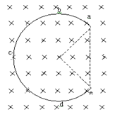 如图，将导线折成半径为R的3/4的圆弧,然后放在垂直纸面向里的均匀磁场里,导线沿aoe的分角线方向以