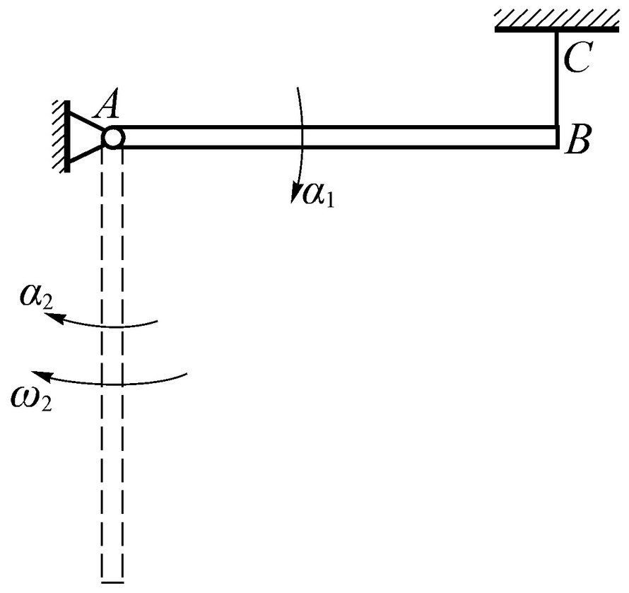 图示均质水平细杆AB长为，一端铰接于A，一端系于细绳BC，而处于水平位置。设细绳突然被割断。试求（1