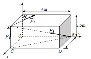 如下图所示长方体上作用有三个力，其大小分别为     ，     ，     。方向及尺寸标注如图，
