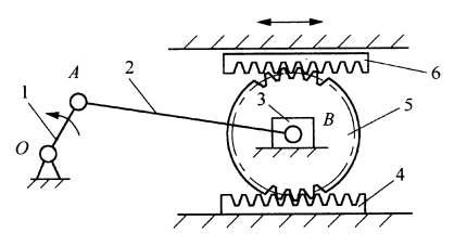 图6所示的连杆齿轮机构中，曲柄滑块机构oab为前置机构，齿轮齿条机构为后置机构。其中齿轮5空套在b点