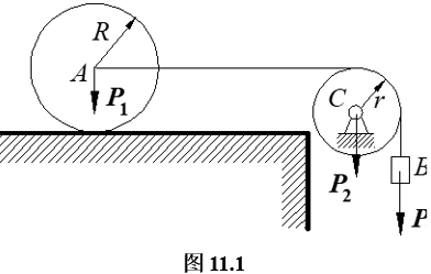 1 如图11.1所示，半径为r重为p1的均质圆盘a放在水平面上。绳子的一端系在圆盘中心a，另一端绕过