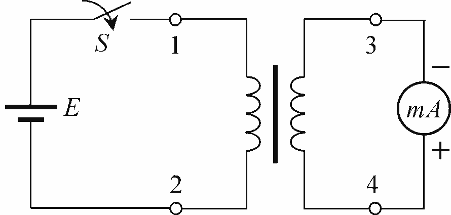 如图，利用直流法测量单相变压器的同名端。1、2为原绕组的抽头，3、4为副绕组的抽头。当开关闭合时，直