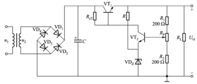 在如图所示串联型稳压电源中，已知稳压管VDZ的稳定电压UZ＝5.3V，晶体管的UBE=0.7V。当R