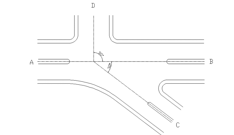 下图为某四路相交的交叉口，在a、b、c路段均设有中间带（其中a、b方向宽为4.5m，c方向宽为2.0