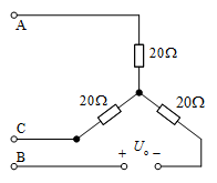 如图所示三相电路中，三相电源相序为a-b-c，已知电源线电压等于380v，若负载端b线断开，则断点间