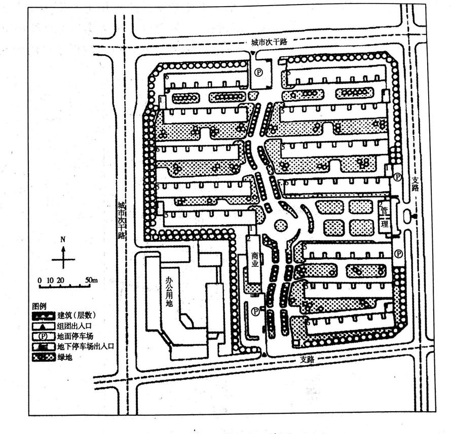 如图所示为某市一个居住街坊规划方案。规划用地为9万平方米，规划住宅户数800户，人口约3000人。该