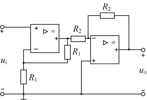 图示电路含理想运算放大器，求输出电压与输入电压之比。 