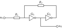 由CMOS反相器构成的施密特触发器如下图所示，已知反相器的供电电压，，CMOS反相器的阈值电压。试分