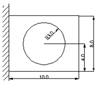 一个带有圆孔形的平板，如图所示，板厚0.1m,该板的右上角顶点处施加大小为2kn的集中力，方向垂直于