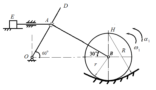 图示平面机构中，滑块A可沿OD杆滑动，杆AE和杆AB通过铰链与滑块A相连。圆柱体B半径为r，在半径为