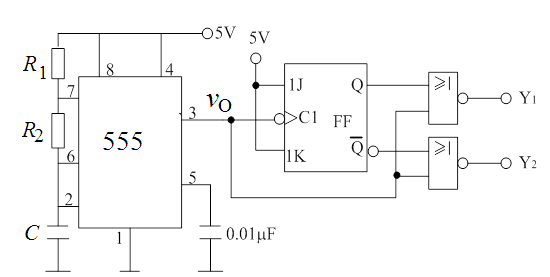 （12分）图6.a为555定时器和jk触发器组成的电路，其中555芯片内部结构见图6.b。 1、55